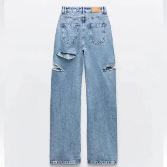 ZARA Z1975 MID WAIST RIPPED CUT OUT STRAIGHT LEG JEANS